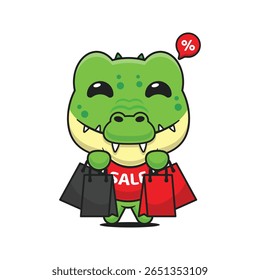 crocodilo bonito com saco de compras na sexta-feira preta venda desenho animado vetor ilustração