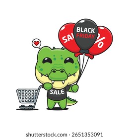crocodilo bonito com carrinho de compras e balão na sexta-feira preta venda desenho animado vetor ilustração