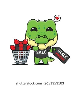 crocodilo bonito com carrinho de compras e cupom de desconto preto sexta-feira venda desenho animado vetor ilustração