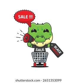 crocodilo bonito no carrinho de compras está promovendo a venda de sexta-feira preta com megafone desenho animado vetor ilustração