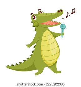 Cute Crocodile is singer. Funny Alligator with microphone isolated on white. Cartoon Vector Illustration Animal Character singing song