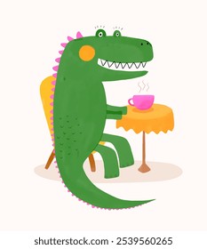 Cute Crocodile Sitting At a Cafe Table With a Cup Of Tee. Funny Hand Drawn Alligator on a Light Beige Background. Happy Croc Drinking Tee. Nursery Vector Art with Lovely Dinosaur. RGB.