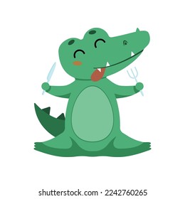 Cute crocodile sitting and eating cartoon illustration. Funny alligator sitting. Jungle, predator animal concept