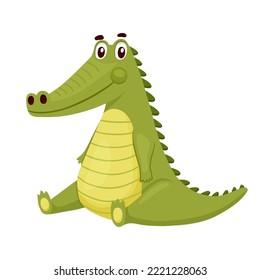 Cute Crocodile sitting. Funny Alligator isolated on white. Cartoon Vector Illustration Green Animal Character