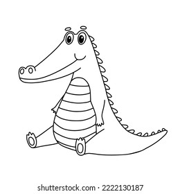 Cute Crocodile sitting. Funny Alligator isolated on white. Outline Vector Illustration for coloring book