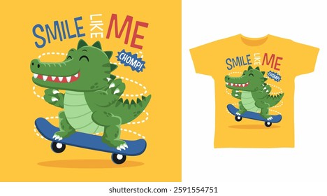 Cute crocodile with skateboard hand drawn, ready for print on t shirt and other uses.