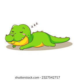 Cute crocodile sleeping cartoon character on white background vector illustration. Funny Alligator Predator Green Adorable animal concept design.