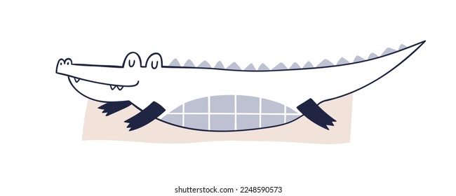 Cute crocodile sleeping. Happy funny alligator in Scandinavian style. Childish animal character. Baby croc dreaming, lying on mat. Kids Scandi flat vector illustration isolated on white background