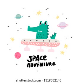 Cute crocodile in a spaceship flying in space. Can be used print print for t-shirts, home decor, posters, cards. Space adventure. - Vector.