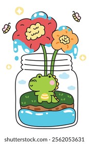 Cute crocodile stay on island sea in glass jar with big flower.Butterfly.Water.Soil.Nature floral.Reptile animal character cartoon design.Kawaii.Vector.Illustration.