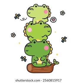 Cute crocodile stay on wood log with dragonfly and flower.Reptile animal character cartoon design.Image for card,sticker,baby clothing.Kawaii.Vector.Illustration.