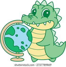 Cute crocodile sticker icon. Funny crocodile bring a globe