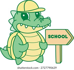 Icono lindo de la etiqueta engomada del cocodrilo. Cocodrilo divertido quiere ir a la escuela