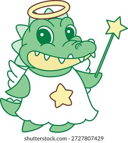 Icono lindo de la etiqueta engomada del cocodrilo. Cocodrilo divertido con traje de ángel
