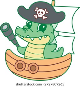 Icono lindo de la etiqueta engomada del cocodrilo. Cocodrilo divertido con un traje de piratas