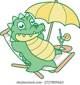 Icono lindo de la etiqueta engomada del cocodrilo. Cocodrilo divertido que pone en la playa 