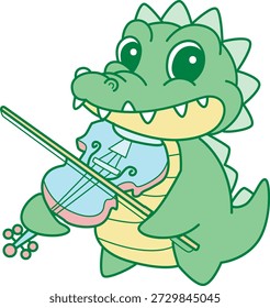 Icono lindo de la etiqueta engomada del cocodrilo. Cocodrilo divertido tocando un violín