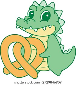 Süße Krokodil-Aufkleber-Symbol. Lustige Krokodil bringen eine Waffel