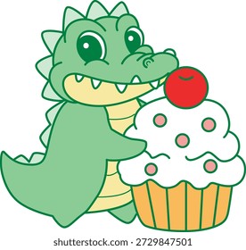 Ícone de etiqueta de crocodilo bonito. Crocodilo engraçado trazer um cupcake cremoso