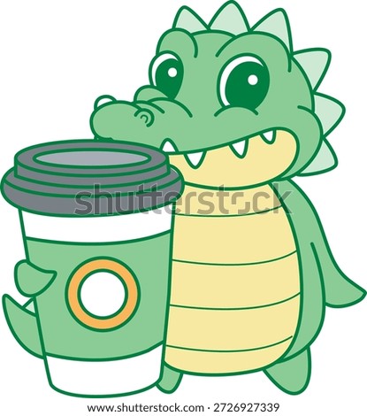 Cute crocodile sticker icon. Funny crocodile bring a hot coffee