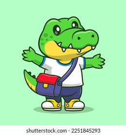 Cute Crocodile Student Go To School Cartoon Vector Icon Illustration. Animal Education Icon Concept Isolated Premium Vector. Flat Cartoon Style