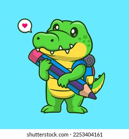 Cute Crocodile Student Holding Stift mit Rucksack Cartoon Vektorsymbol Illustration. Tiererziehung Symbol Konzept isoliert Premium-Vektorgrafik. Flachbildkartonstil