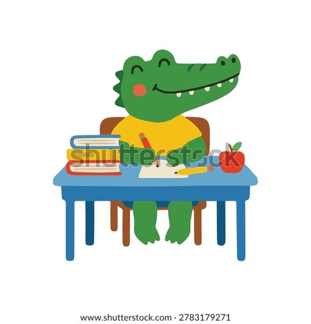 Cute crocodile studying at school desk vector, cartoon alligator character writing with pencil flat illustration, back to school classroom clip art