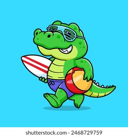 Cute Crocodile Summer With Surfboard and Ball Cartoon Vector Icon Illustration. Animal Holiday Icon Concept Isolated Premium Vector. Flat Cartoon Style