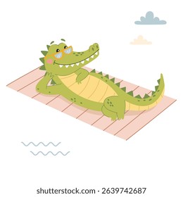 Cute crocodile in sunglasses lying on a towel and sunbathing. Flat vector illustration in a simple children's style on white background