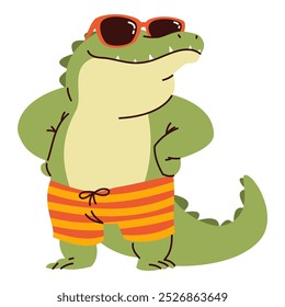 Cute crocodile in sunglasses and shorts. Flat vector illustration in children's style on a summer theme