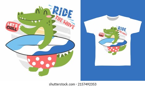 Cute crocodile surf cartoon tshirt art design