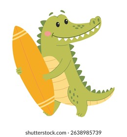 Cute crocodile with surfboard. Vector illustration on white background.