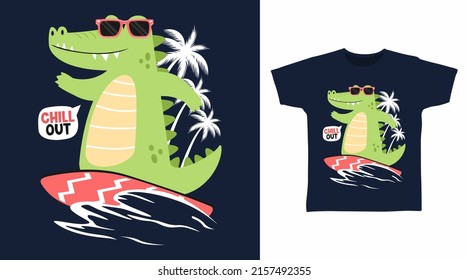 Cute crocodile surfing cartoon tshirt art design