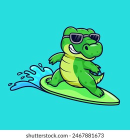 Cute Crocodile Surfing Cartoon Vector Icon Illustration. Animal Sport Icon Concept Isolated Premium Vector. Flat Cartoon Style