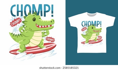 Cute crocodile surfing hand drawn, vector ready for print on t shirt and other uses.