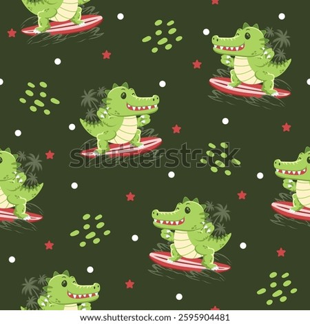 Cute crocodile surfing hand drawn pattern designs for print on fabric and other uses