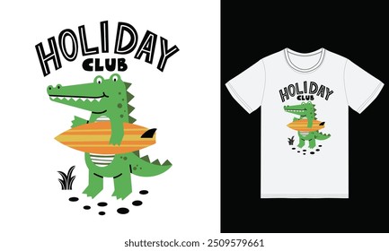 cute crocodile surfing illustration with tshirt design premium vector the Concept of Isolated Technology. Flat Cartoon Style Suitable for Landing Web Pages,T shirt, Flyers, Stickers