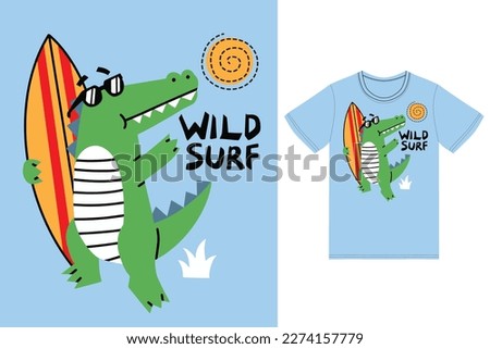 Cute crocodile surfing illustration with tshirt design premium vector the Concept of Isolated Technology. Flat Cartoon Style Suitable for Landing Web Pages,T shirt, Flyers, Stickers