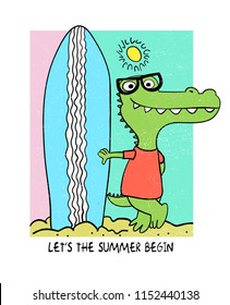 Cute crocodile surfing vector design