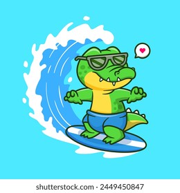 Cute Crocodile Surfing In Wave Cartoon Vector Icon Illustration. Animal Holiday Icon Concept Isolated Premium Vector. Flat Cartoon Style