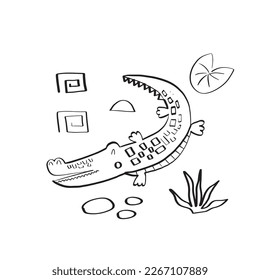 Cute crocodile surrounded by tropical plants. Doodle style vector illustration isolated on white background for your design