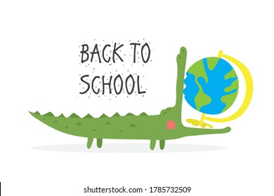 cute crocodile swallows educational globe - illustration in cartoon style and lettering - back to school