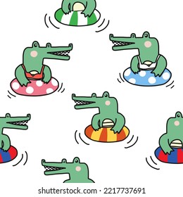 Cute crocodile swimming cartoon seamless pattern green background vector illustration design	