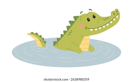 Cute Crocodile swimming in the water. Cute cartoon vector illustration.