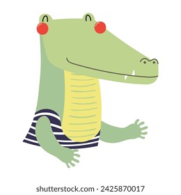 Cute crocodile in swimsuit cartoon character illustration. Hand drawn Scandinavian style flat design, isolated vector. Kids summer print element, animal on holidays, vacations, beach
