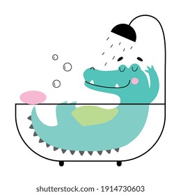 Cute Crocodile Taking Bath, Funny Alligator Predator Animal Character Cartoon Style Vector Illustration