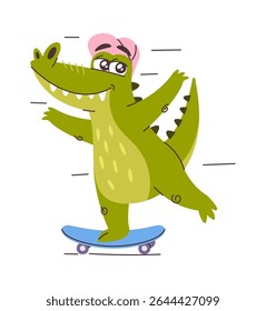 Cute crocodile teenager character skateboarding