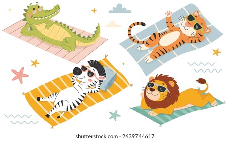 Cute crocodile, tiger, zebra, lion with sunglasses on the beach.  Flat vector illustration in a simple children's style on white background