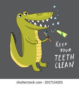 Cute Crocodile with toothbrush Cartoon Animal baby and children print design Vector Illustration