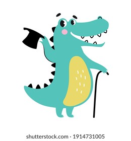 Cute Crocodile with Top Hat and Walking Cane, Funny Alligator Predator Animal Character Cartoon Style Vector Illustration